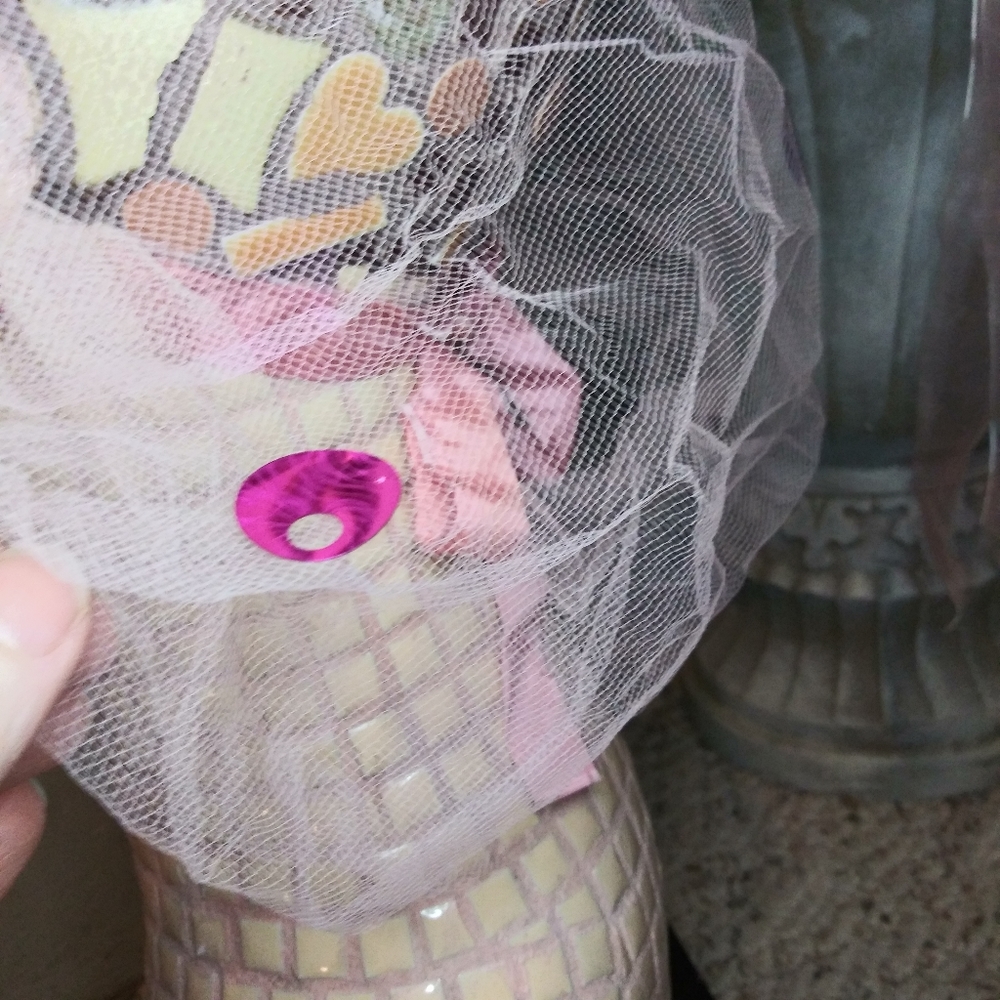 Vintage 1960-70's Multicolored, Sequin Trimmed Pink Net Hair Roller Scarf - Picture 3 of 11